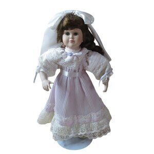 Paradise Galleries 14" Porcelain Doll Victorian Style Dress with Stand